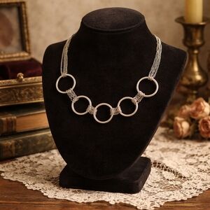 Vintage Silver Tone Multi Ring Chain Choker Necklace | Statement Collar Necklace